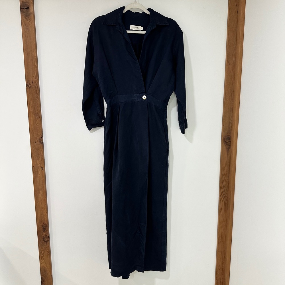 LUXMII Premium European Linen Dress Womens Size M Navy Blue Long Sleeve‎ | Quiet